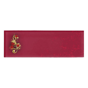 Golden Treble Clef with Rose Flowers Name Tag