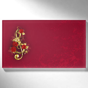 Golden Treble Clef with Rose Flowers Name Tag