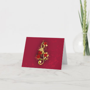 Golden Treble Clef with Rose Flowers Note Card