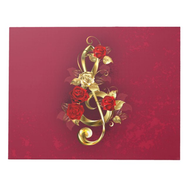 Golden Treble Clef with Rose Flowers Notepad (Front)