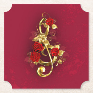 Golden Treble Clef with Rose Flowers Paper Coaster