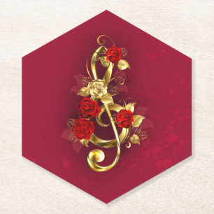 Golden Treble Clef with Rose Flowers Paper Coaster