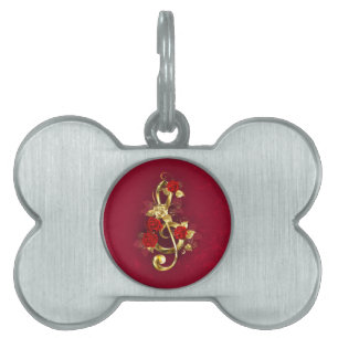 Golden Treble Clef with Rose Flowers Pet ID Tag