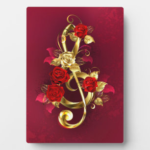 Golden Treble Clef with Rose Flowers Plaque