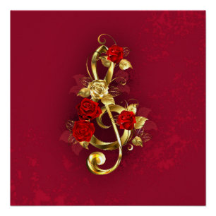 Golden Treble Clef with Rose Flowers Poster