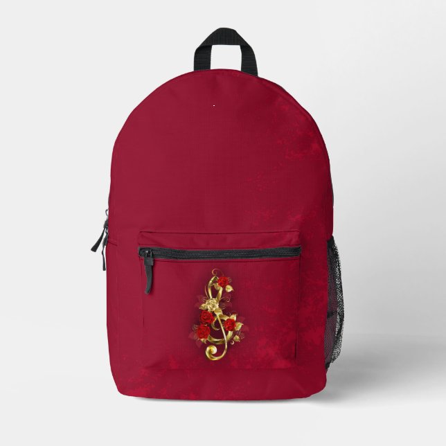 Golden Treble Clef with Rose Flowers Printed Backpack (Front)