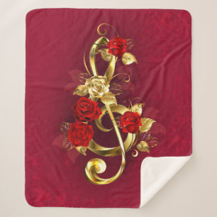 Golden Treble Clef with Rose Flowers Sherpa Blanket