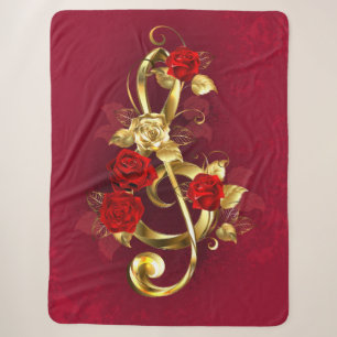 Golden Treble Clef with Rose Flowers Sherpa Blanket
