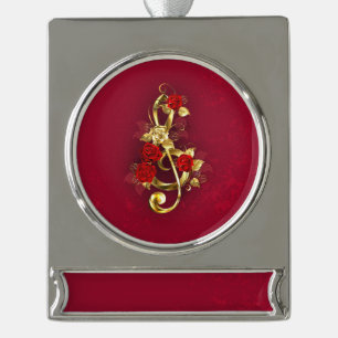 Golden Treble Clef with Rose Flowers Silver Plated Banner Ornament