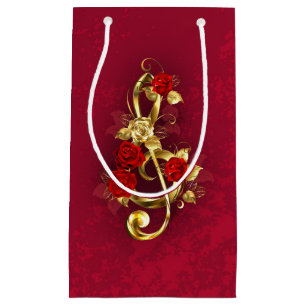 Golden Treble Clef with Rose Flowers Small Gift Bag
