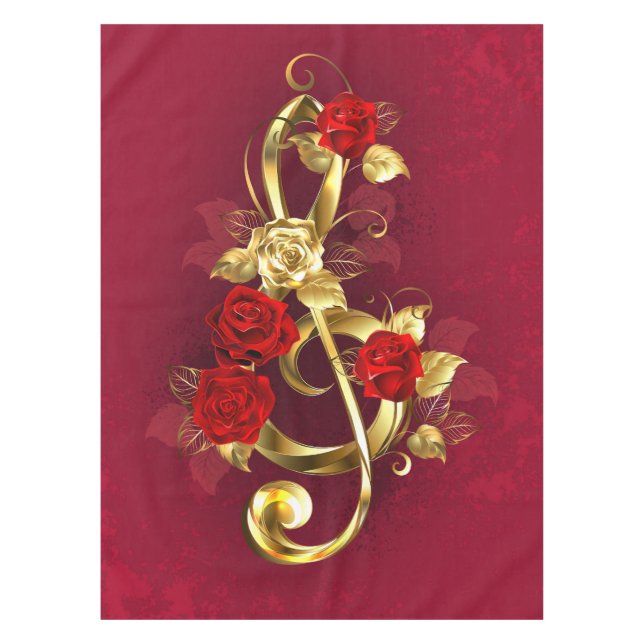 Golden Treble Clef with Rose Flowers Tablecloth (Front)