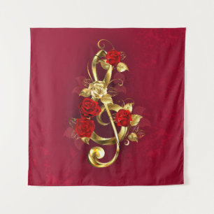 Golden Treble Clef with Rose Flowers Tapestry