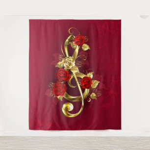 Golden Treble Clef with Rose Flowers Tapestry