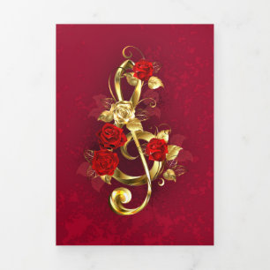 Golden Treble Clef with Rose Flowers Tri-Fold Announcement