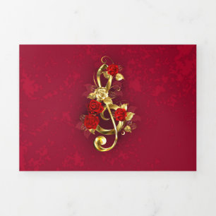 Golden Treble Clef with Rose Flowers Tri-Fold Announcement