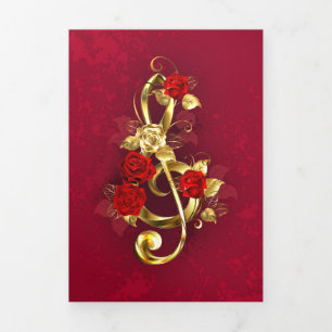 Golden Treble Clef with Rose Flowers Tri-Fold Card