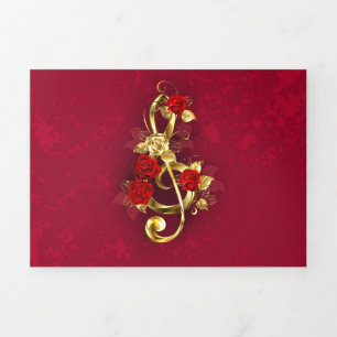 Golden Treble Clef with Rose Flowers Tri-Fold Invitation