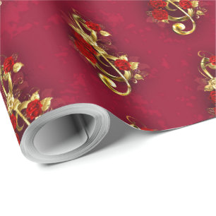 Golden Treble Clef with Rose Flowers Wrapping Paper