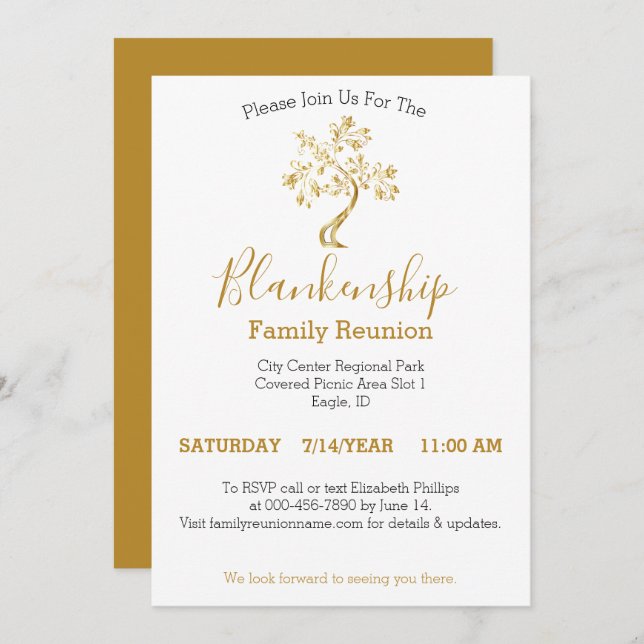 Golden Tree Black White Gold 1-Day Family Reunion  Invitation (Front/Back)