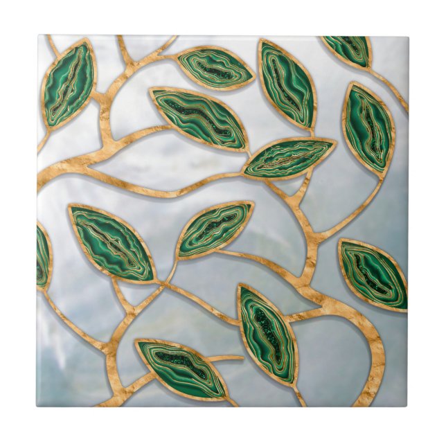 Golden Tree Branch - Malachite on pearl Ceramic Tile (Front)