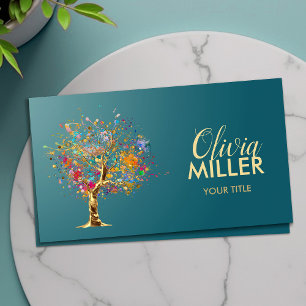 Golden Tree - Colourful Splatter on Ming Green Business Card