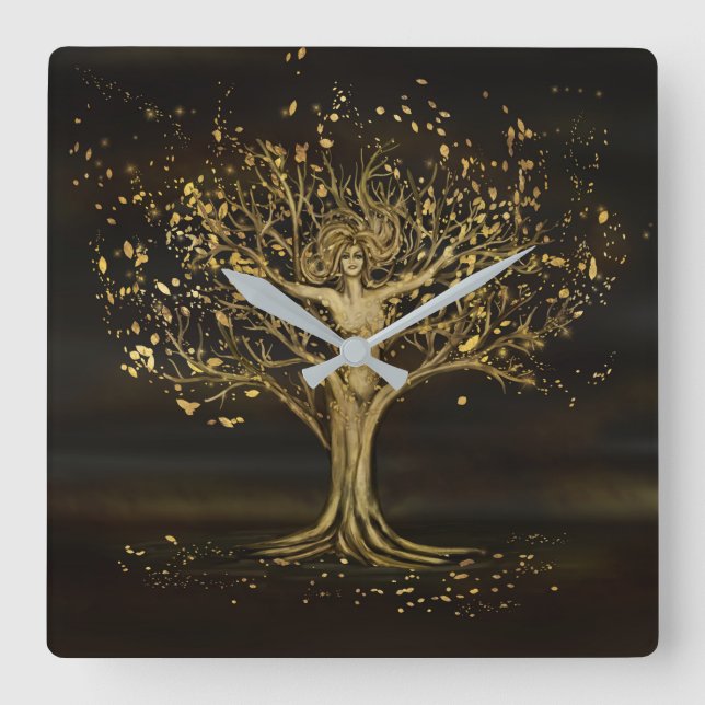 Golden Tree Goddess Square Wall Clock (Front)