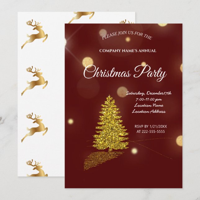 Golden tree, golden reindeer and Santa Claus  Invi Invitation (Front/Back)