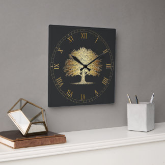 Golden Tree of Life (Oak Tree)  Square Wall Clock