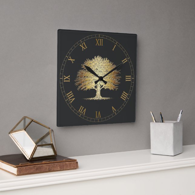 Golden Tree of Life (Oak Tree)  Square Wall Clock (Office)