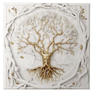 Golden Tree of Life on White Marble Effect Ceramic Tile