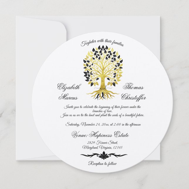 Golden Tree of Life Timeless Sophisticated Wedding Invitation (Front)