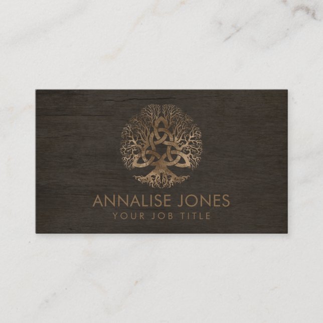 Golden Tree of life with Triquetra on wood Business Card (Front)