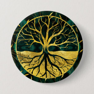 Golden Tree of Life Yggdrasil on Malachite 7.5 Cm Round Badge