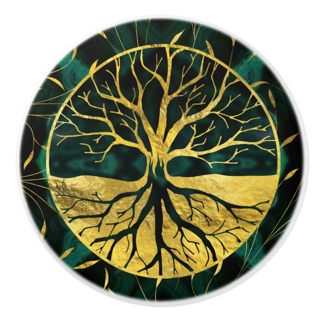 Golden Tree of Life Yggdrasil on Malachite Ceramic Knob (Front)