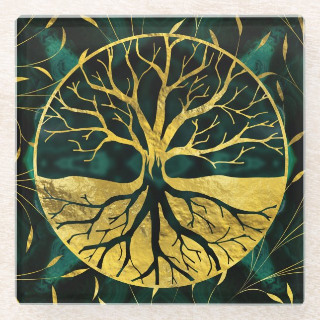 Golden Tree of Life Yggdrasil on Malachite Glass Coaster (Front)