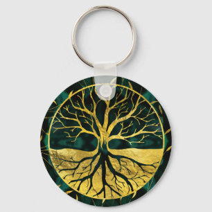 Golden Tree of Life Yggdrasil on Malachite Key Ring