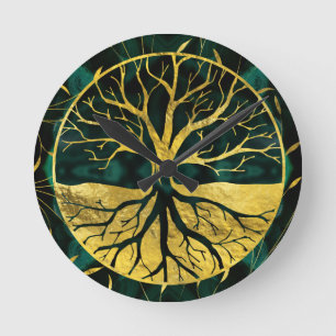 Golden Tree of Life Yggdrasil on Malachite Round Clock