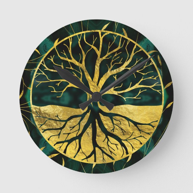 Golden Tree of Life Yggdrasil on Malachite Round Clock (Front)