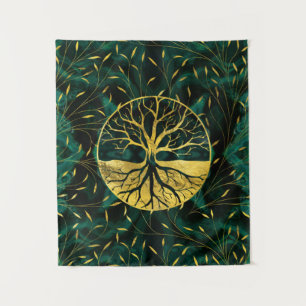 Golden Tree of Life Yggdrasil on Malachite Tapestry