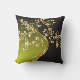 Golden Tree on Black and Olive Green Throw Pillow