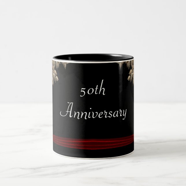 Golden Tree With Red Ribbon & Bow Beverage Two-Tone Coffee Mug (Center)