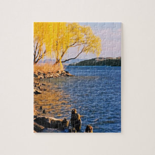 Golden Trees At The Rivers Edge Jigsaw Puzzle