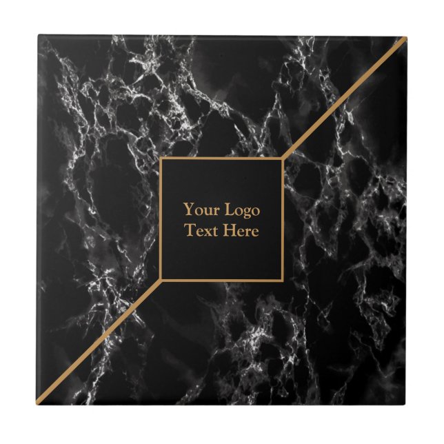 Golden Trendy Black Marble Stone - Customisable - Ceramic Tile (Front)