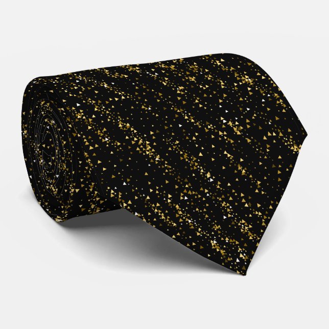 Golden Triangle Dots Black Background Shiny Luxury Tie (Rolled)