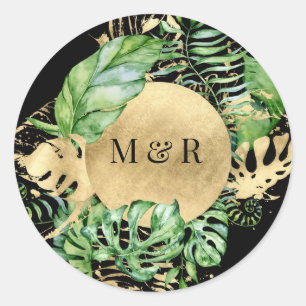 golden tropical foliage monogram wedding classic round sticker