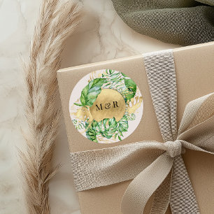 Golden Tropical Foliage Monogram Wedding Classic Round Sticker