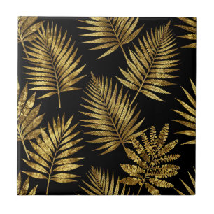 Golden Tropical Leaves Luxe Pattern Ceramic Tile