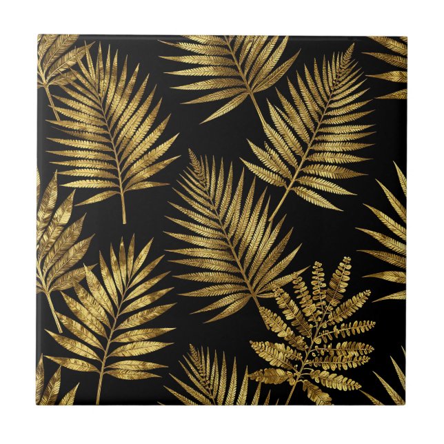 Golden Tropical Leaves Luxe Pattern Ceramic Tile (Front)