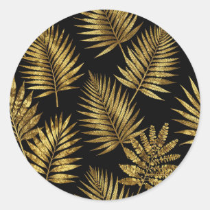 Golden Tropical Leaves Luxe Pattern Classic Round Sticker