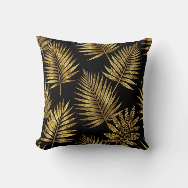 Golden Tropical Leaves Luxe Pattern Cushion (Front)